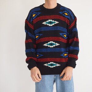 Vintage Bolt Black Acrylic Knit Southwestern Retro Eclectic Grandpa Sweater L